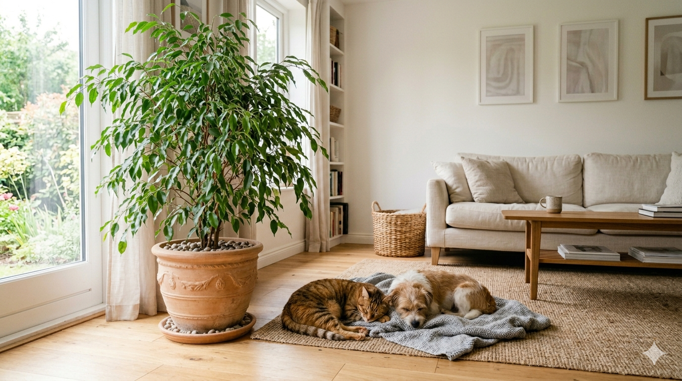 ficus benjamina weeping fig tree with tabby cat sleeping on blanket in bright living room