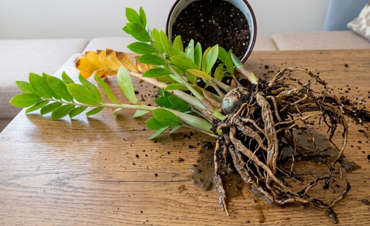 ZZ plant removed from pot showing wet root system and one yellow stem laid on wooden table