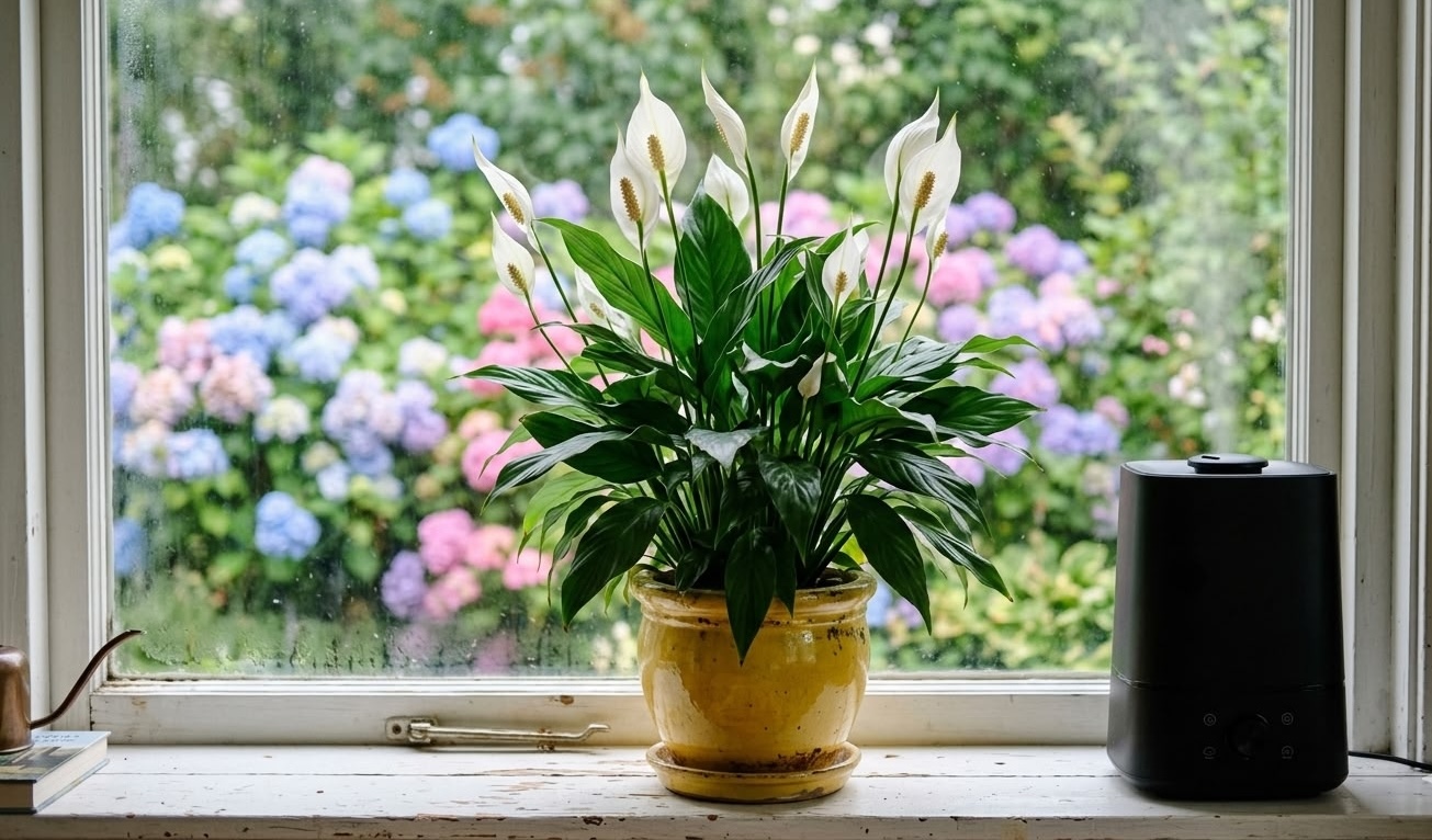 Peace lily in yellow pot beside black ultrasonic humidifier on windowsill with hydrangea garden visible outside