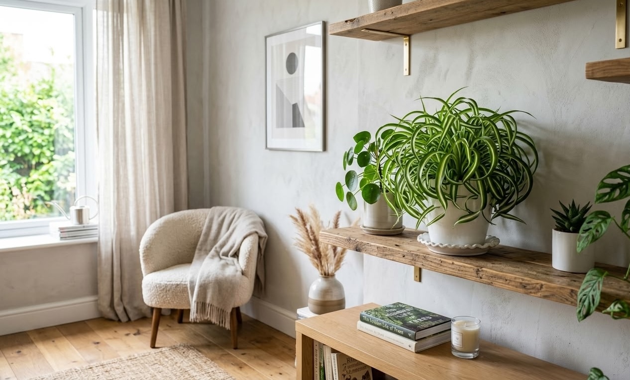 Bonnie curly spider plant in white pot on wooden wall shelf in Scandinavian living room with other houseplants