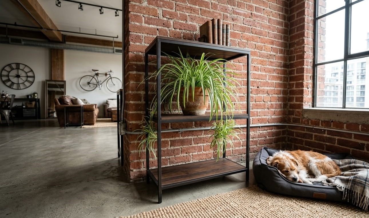 Two spider plants on black metal industrial shelf with Cavalier spaniel sleeping in dog bed beside it in loft apartment