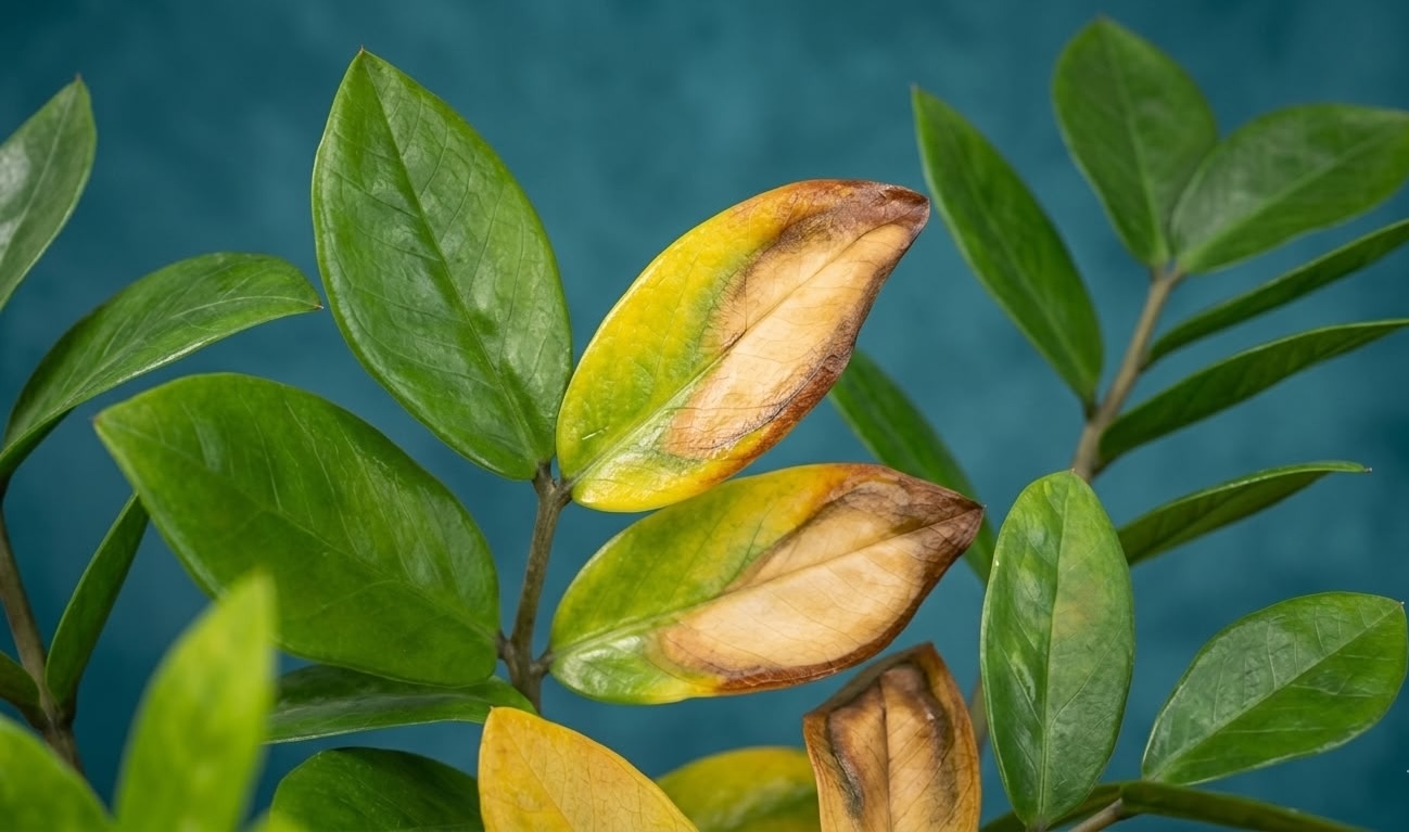 Close-up of ZZ plant leaves showing yellow and brown discoloration from overwatering damage