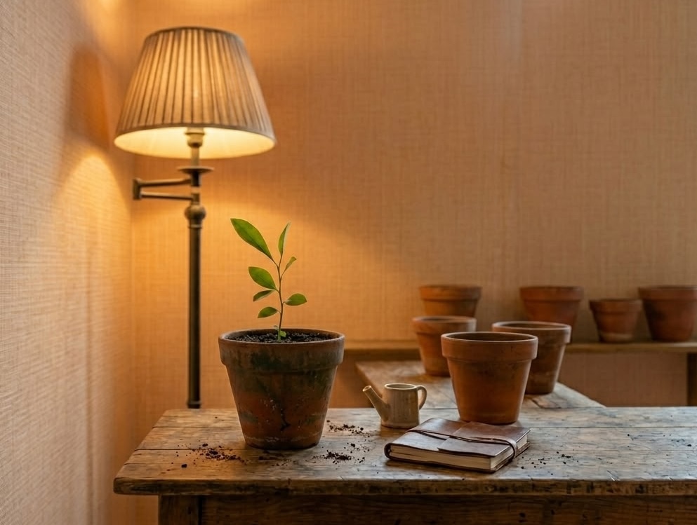 young citrus seedling in terracotta pot with watering can and garden journal on wooden table