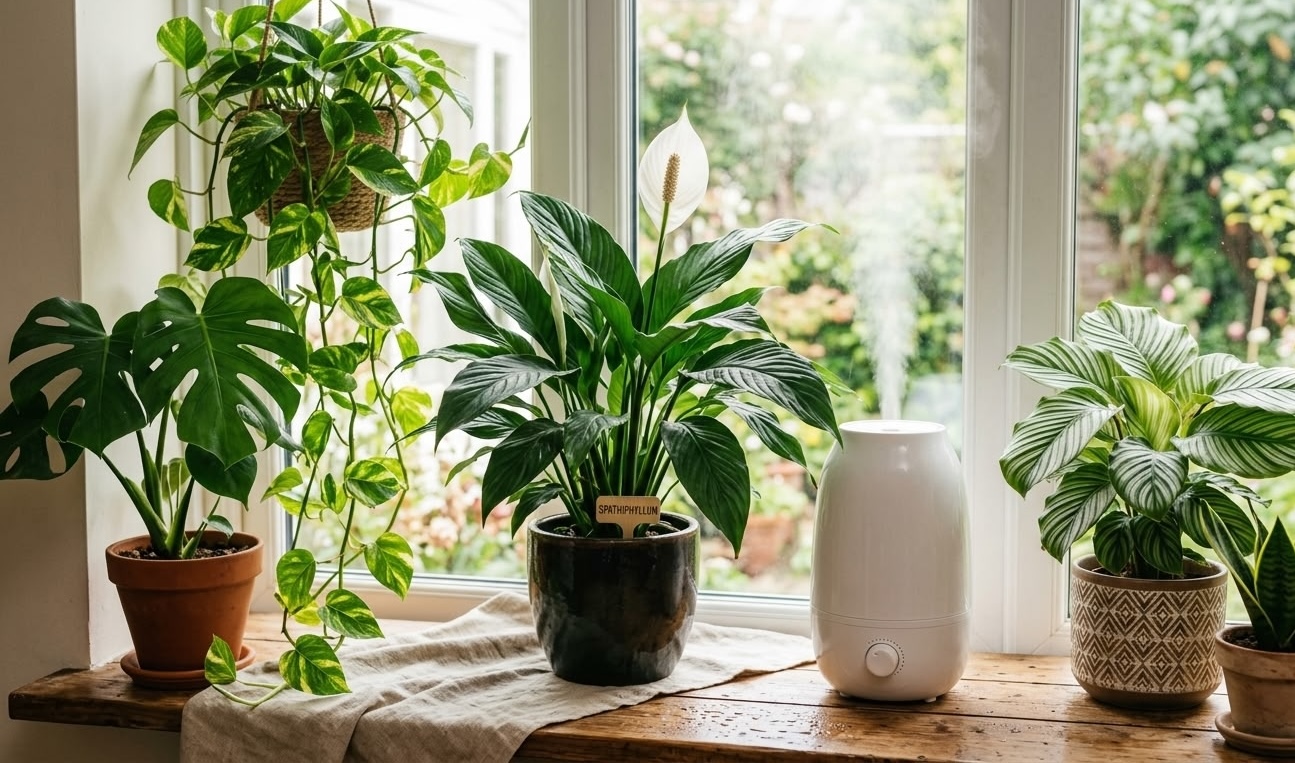 Peace lily with Spathiphyllum label among tropical houseplants on wooden shelf with white cool mist humidifier running near window