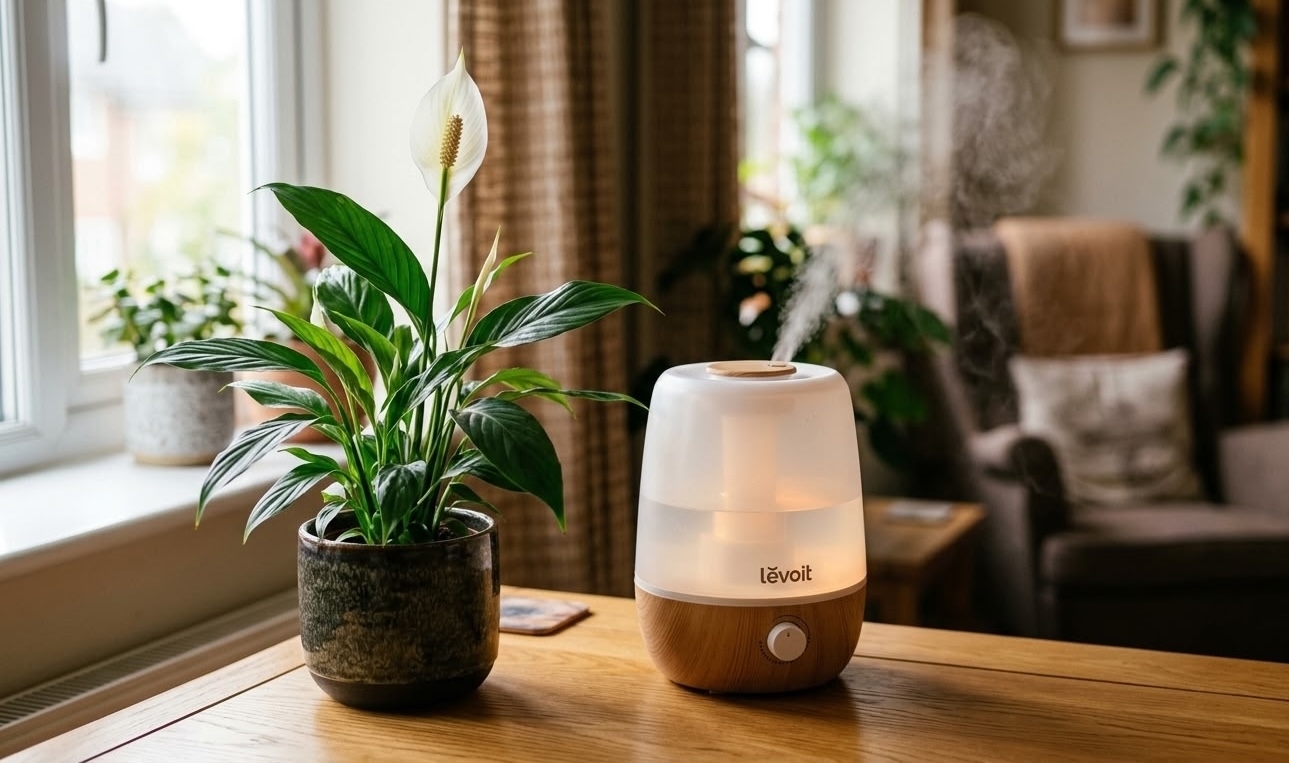 Peace lily in dark ceramic pot next to Levoit ultrasonic humidifier with visible mist on wooden table in living room