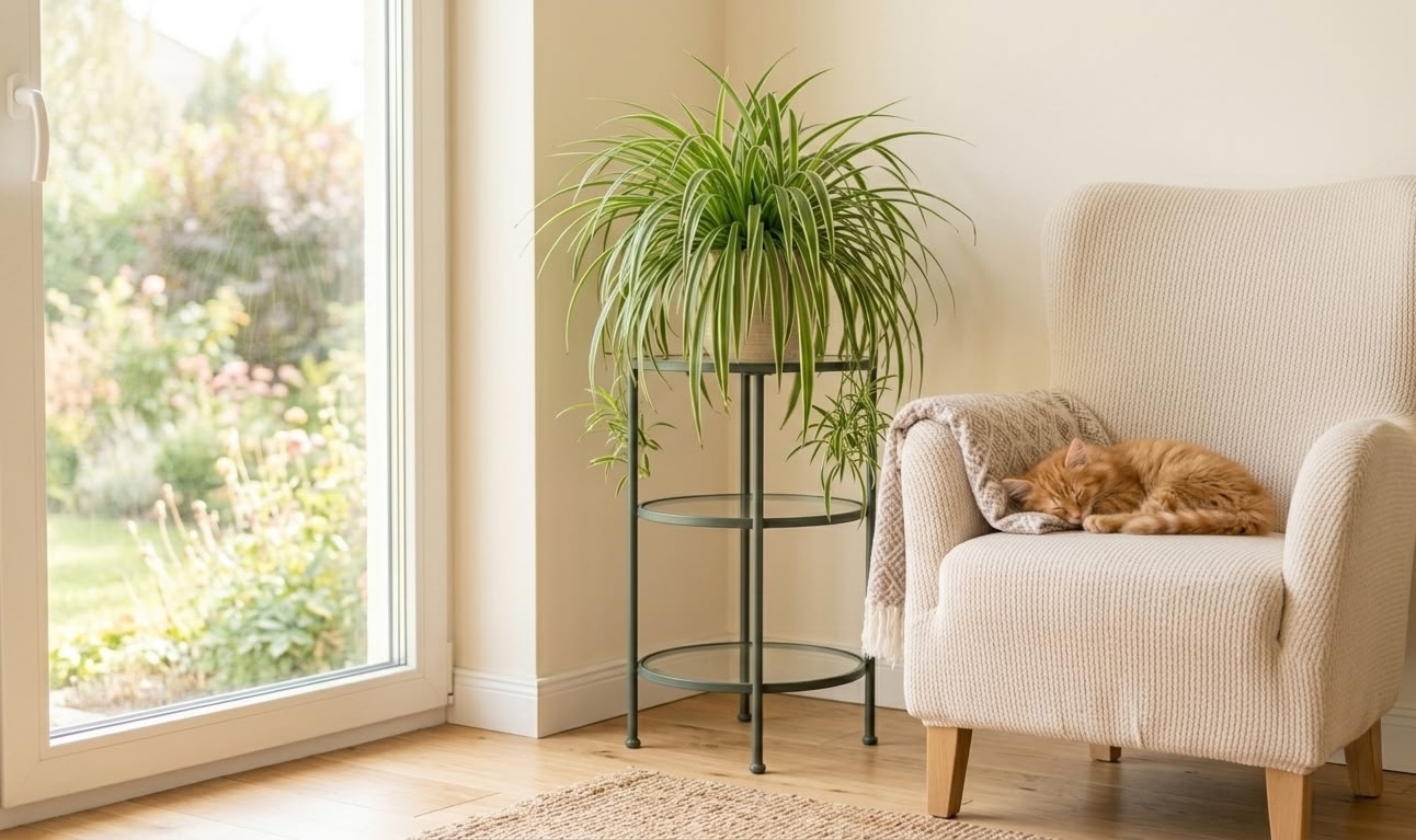 Orange tabby cat sleeping peacefully on cream armchair next to spider plant on plant stand near bright window