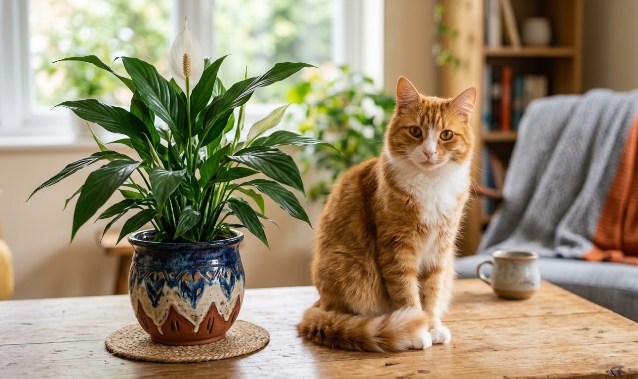 Orange tabby cat sitting on wooden table beside peace lily in blue ceramic pot in bright living room