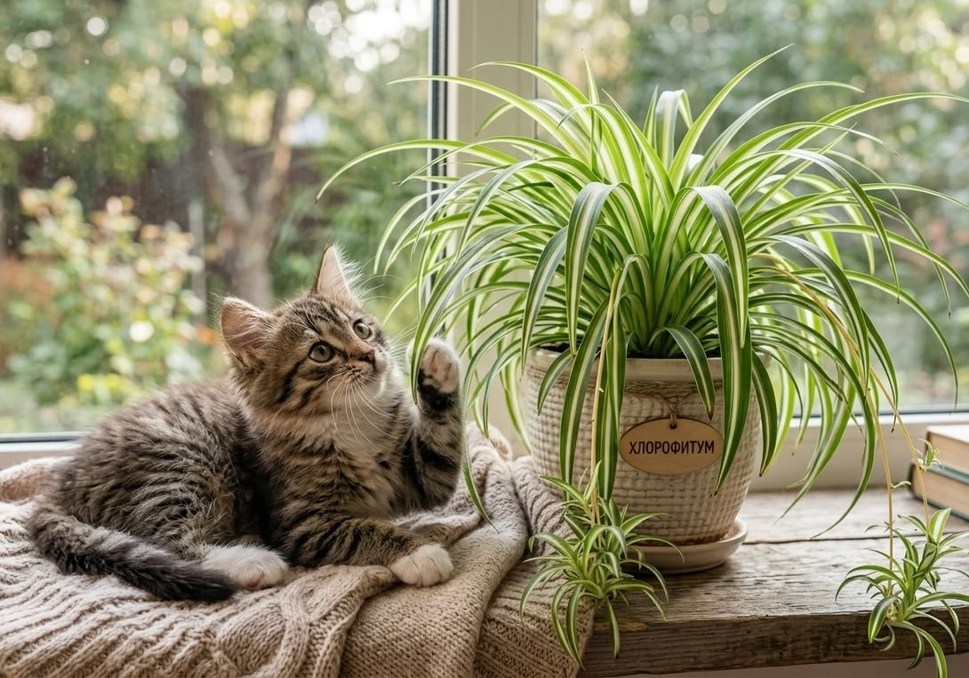 Tabby kitten raising paw toward spider plant in wicker pot labeled Khlorofitum on wooden windowsill
