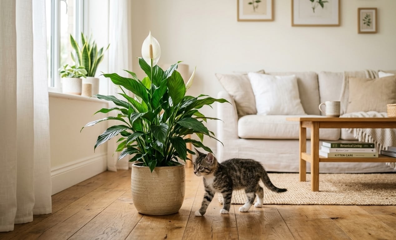 Small tabby kitten approaching and sniffing peace lily plant in ceramic pot on wooden floor in bright living room
