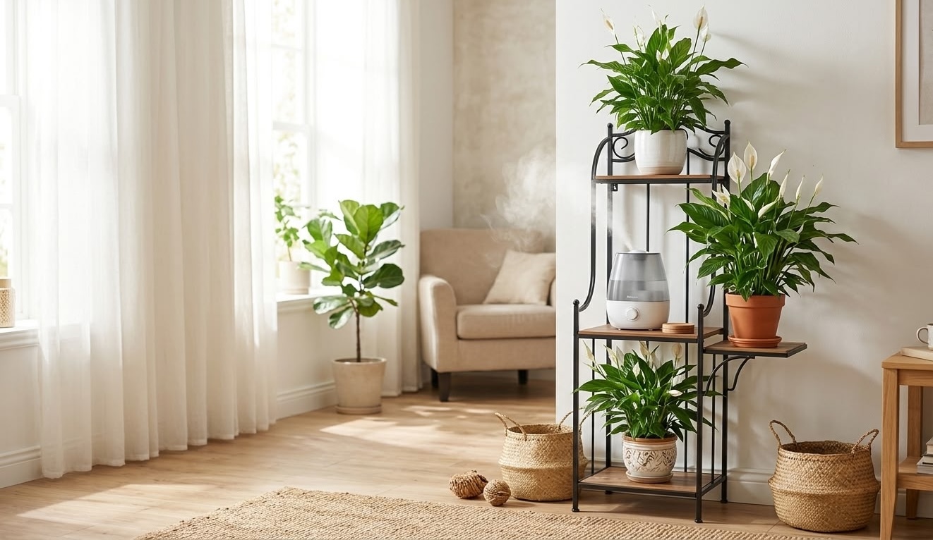 Three peace lily plants on tiered black metal plant stand with white cool mist humidifier running in center in bright Scandinavian living room
