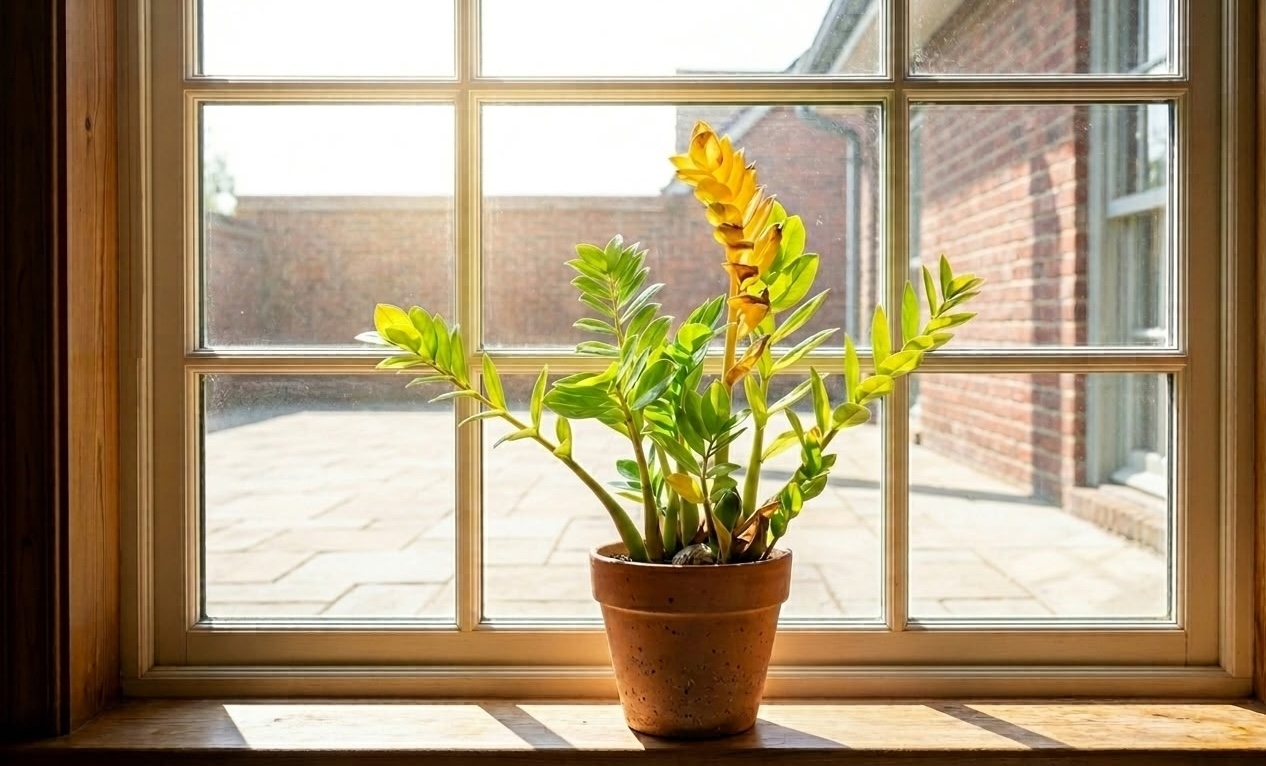 ZZ plant in terracotta pot on bright windowsill with yellow leaves caused by too much direct sunlight