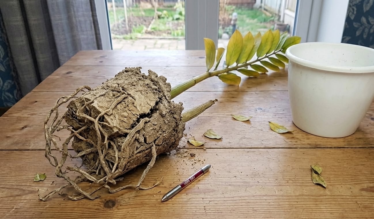 ZZ plant removed from pot on wooden table showing large dried-out root ball with yellowing leaves
