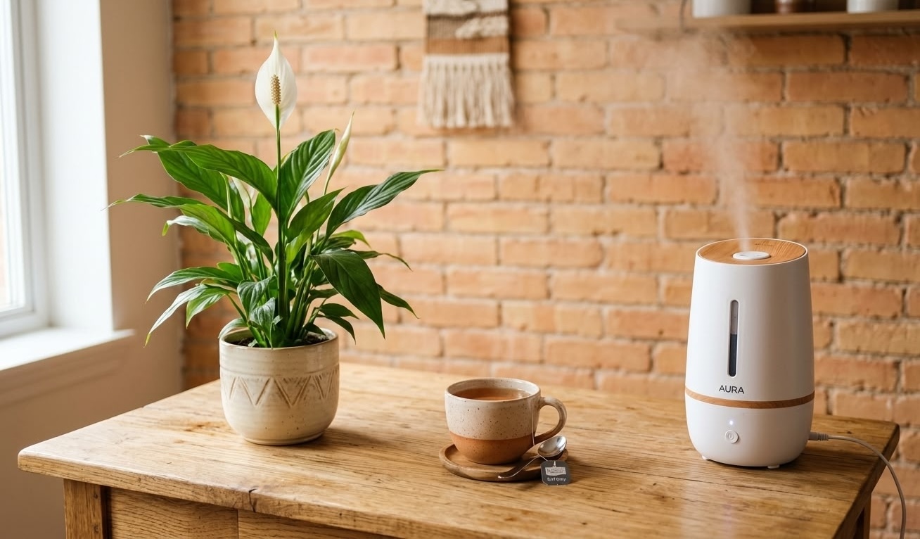Peace lily in ceramic pot beside AURA ultrasonic humidifier with visible mist on rustic wooden table with brick wall background