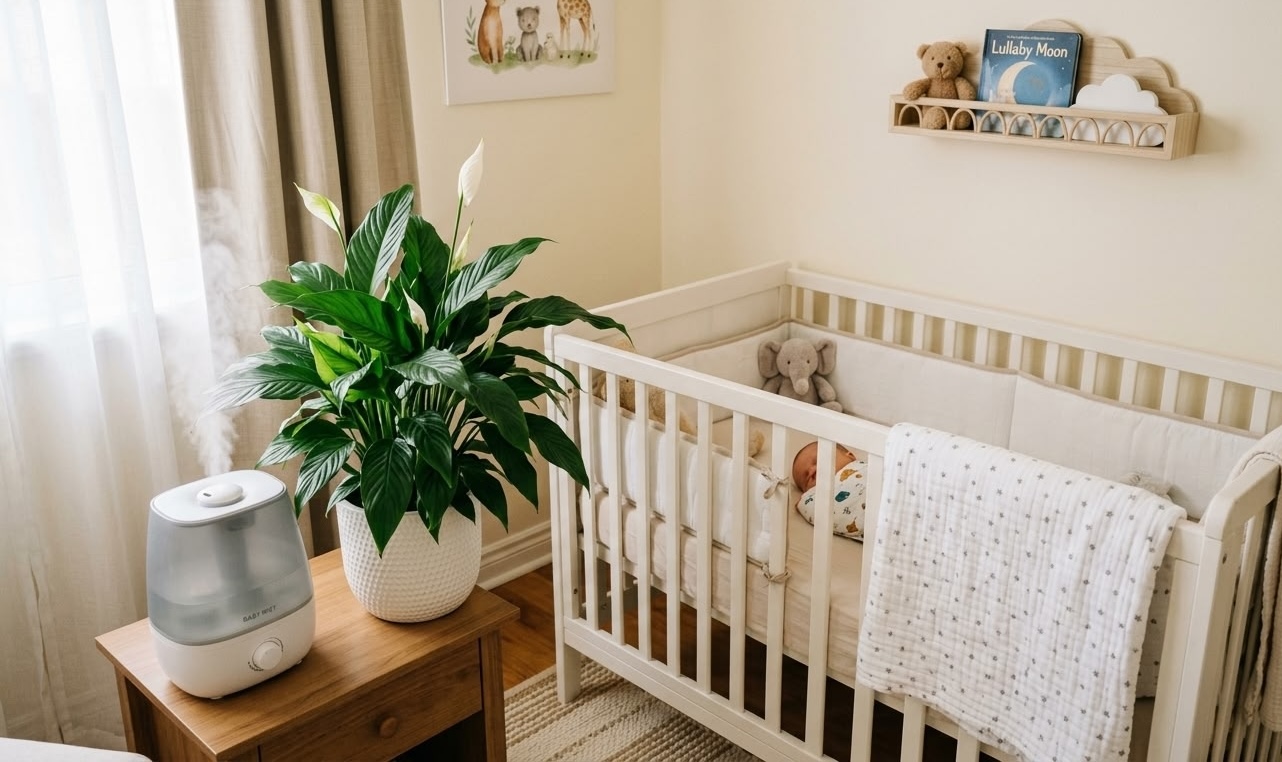 Large peace lily in white pot beside Baby Mist humidifier on wooden nightstand next to baby crib in nursery