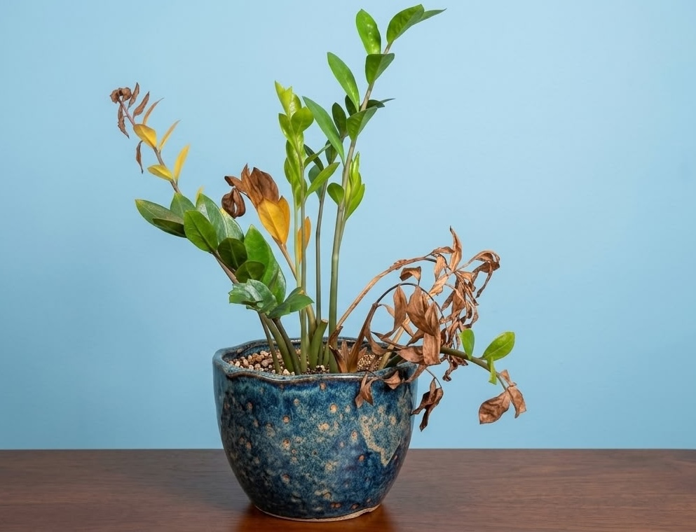 ZZ plant with yellow and brown dying leaves in blue glazed ceramic pot on wooden table