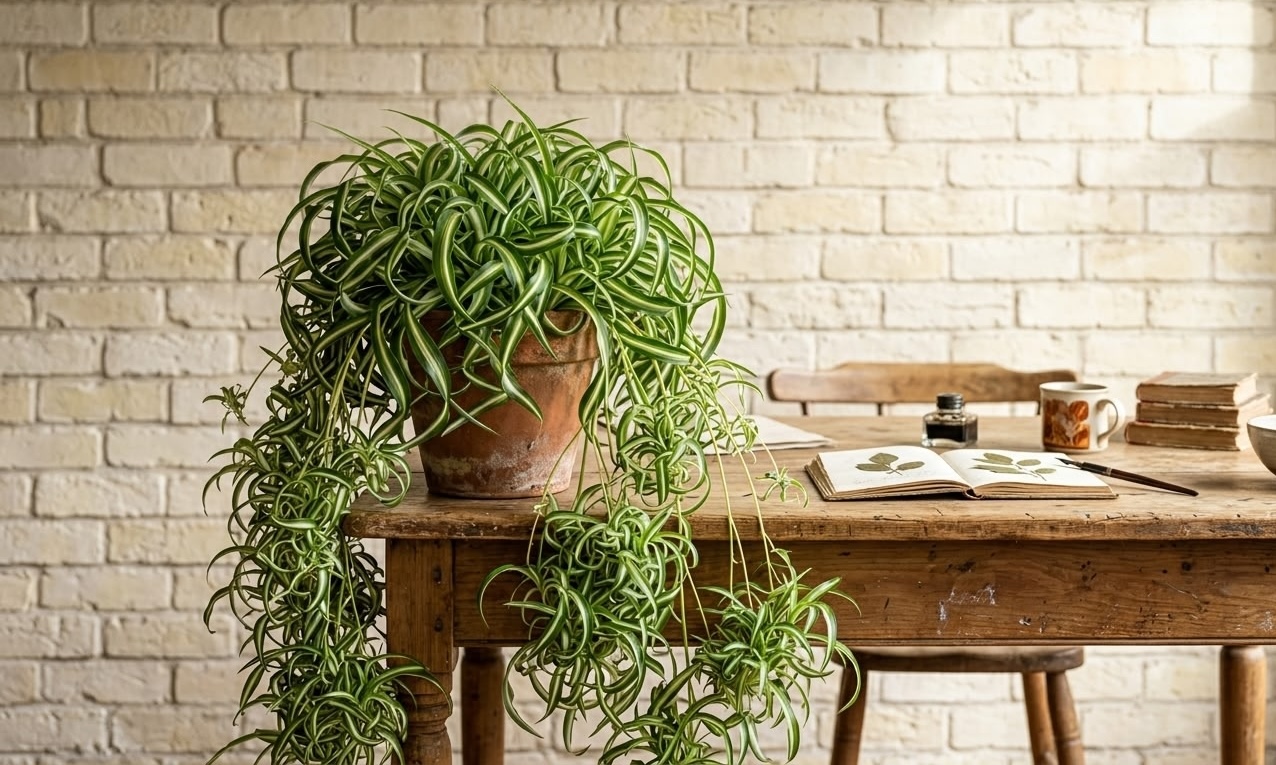 Large Bonnie curly spider plant in terracotta pot with cascading striped leaves on rustic wooden table