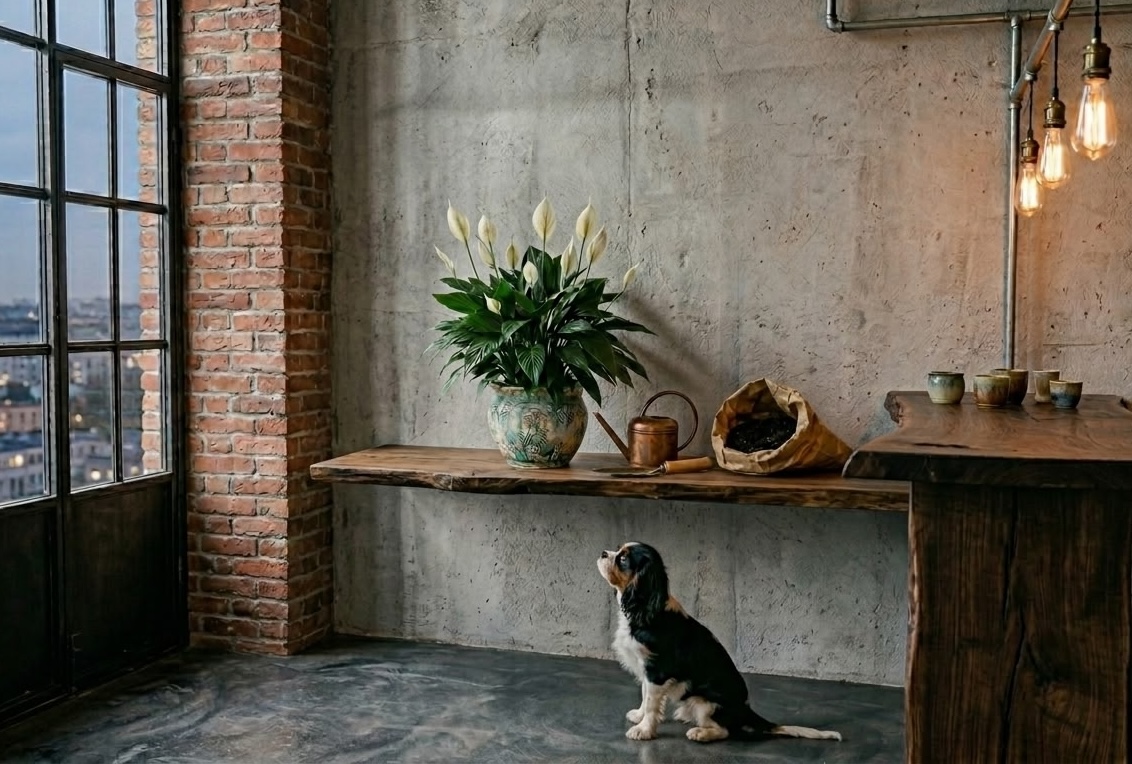 Cavalier King Charles Spaniel sitting on floor looking up at peace lily in decorative pot on high wooden shelf in industrial loft