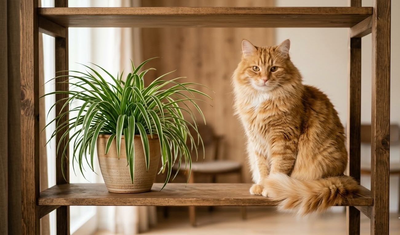 Large orange fluffy cat sitting on wooden shelf next to spider plant in ceramic pot