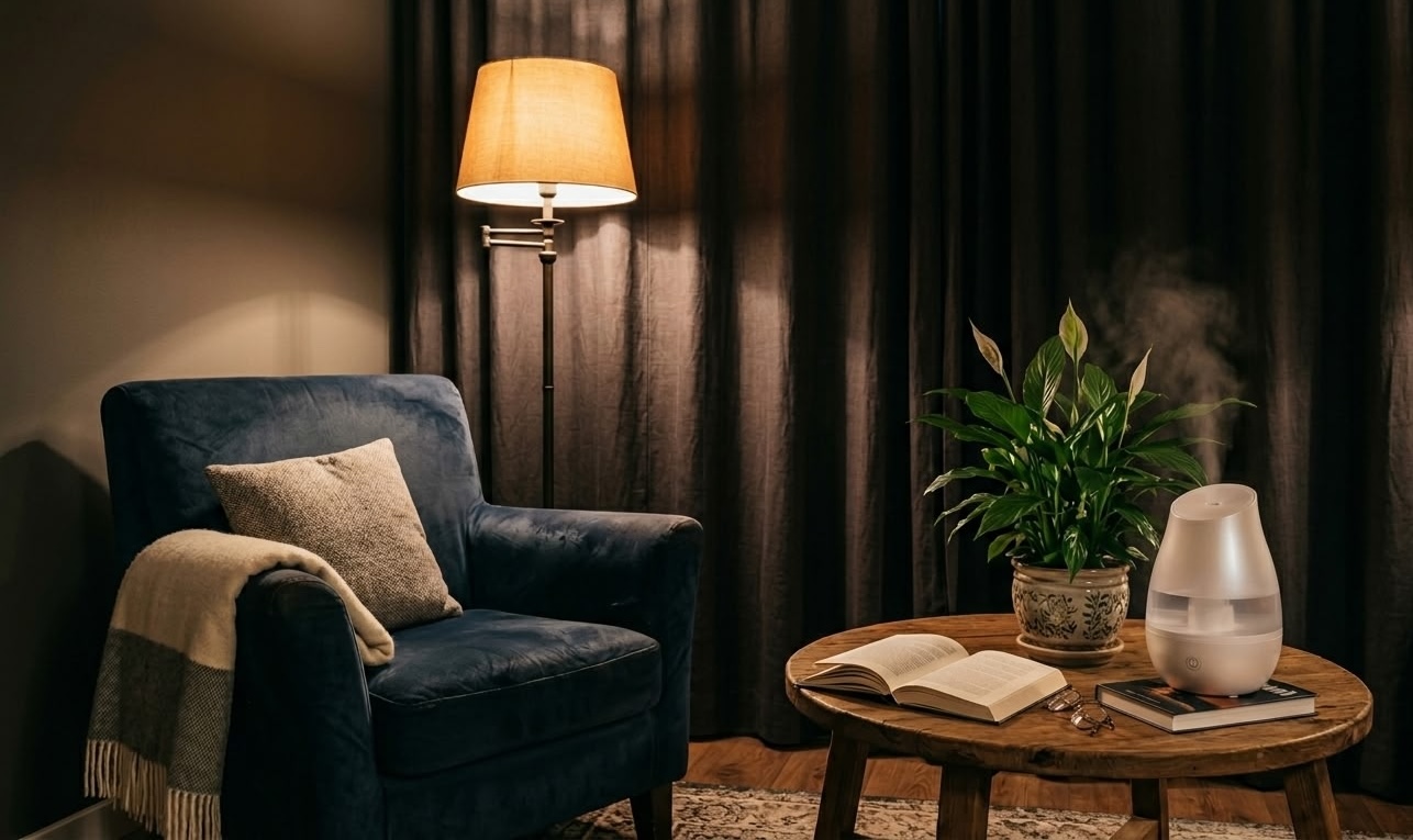 Peace lily in decorative pot next to white oval humidifier on round wooden table beside navy armchair and floor lamp
