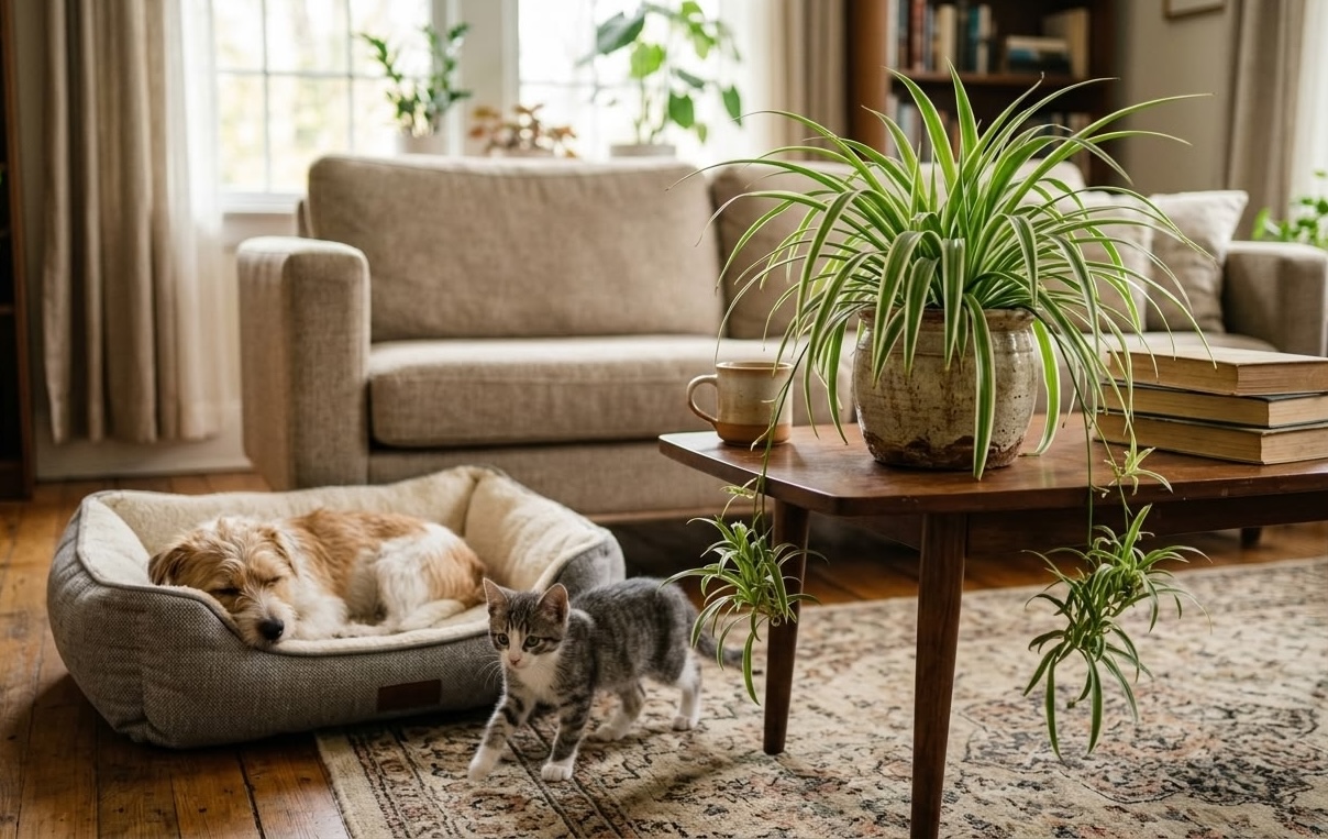 Grey tabby kitten and golden retriever dog in living room with spider plant with runners on wooden side table