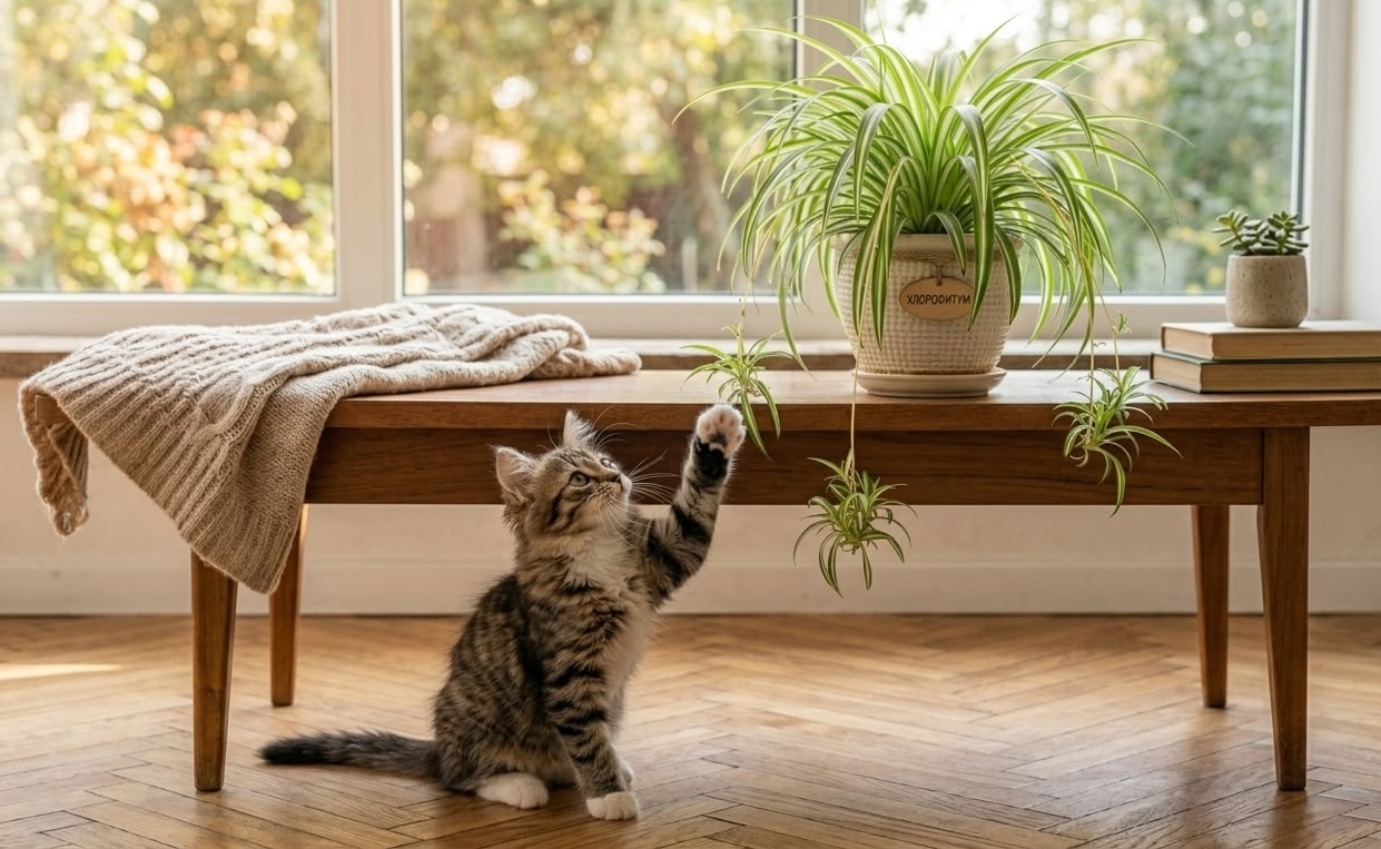 Tabby kitten reaching up to bat at hanging spider plant spiderettes on wooden bench near window