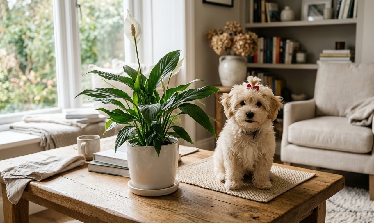 Small fluffy white dog with red bow sitting on wooden coffee table beside peace lily in white pot near bright window