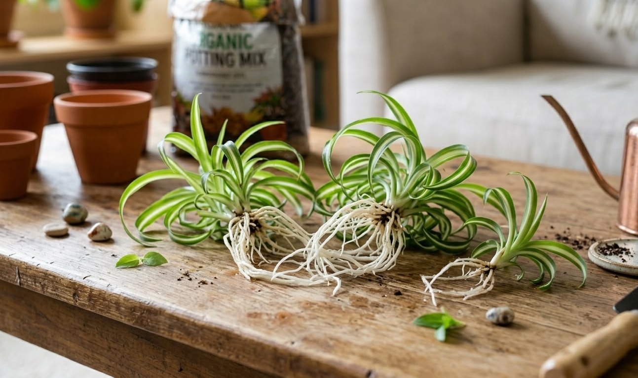 Three Bonnie spider plant spiderettes with exposed white roots on wooden potting table with organic potting mix in background