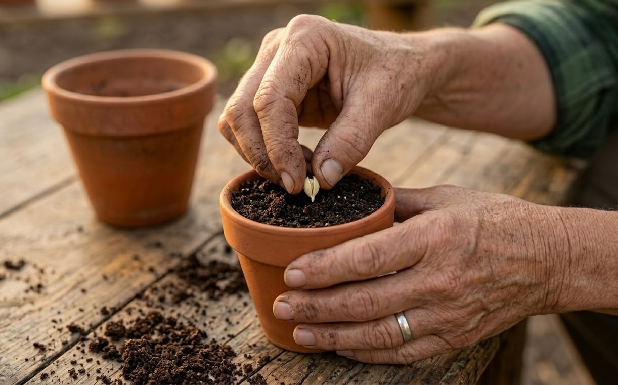 gardener hands planting citrus seeds in terracotta pot with fresh soil