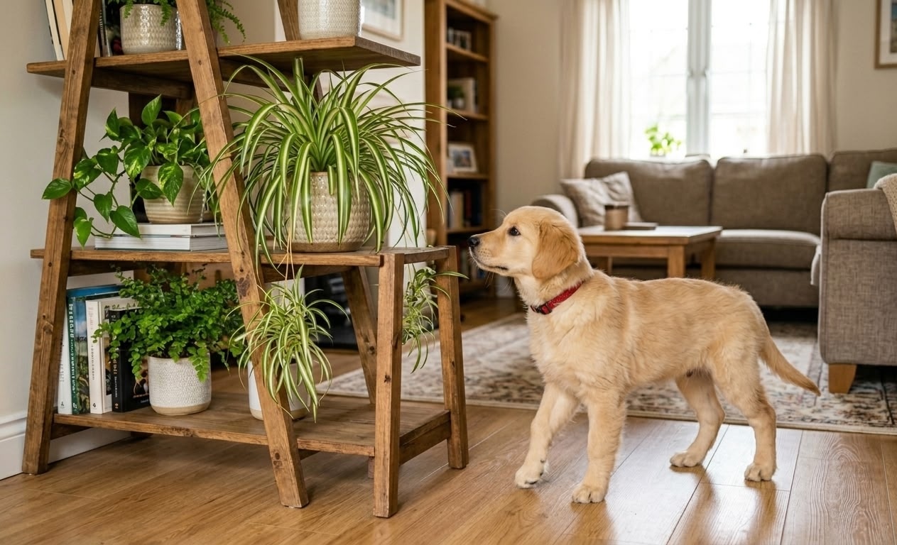 Golden retriever puppy standing and looking up at spider plant on tiered wooden ladder shelf in bright living room