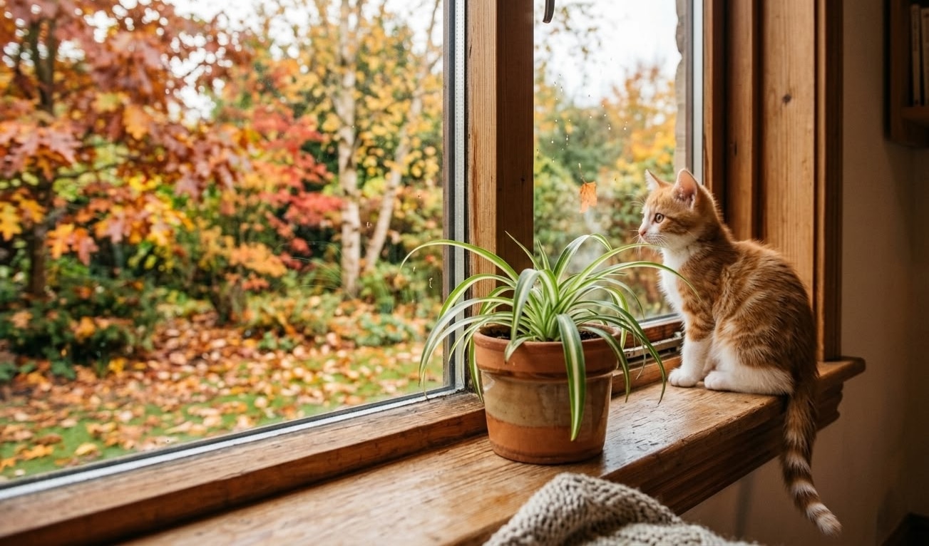 Orange and white kitten sitting on wooden windowsill beside small spider plant in terracotta pot with autumn garden outside