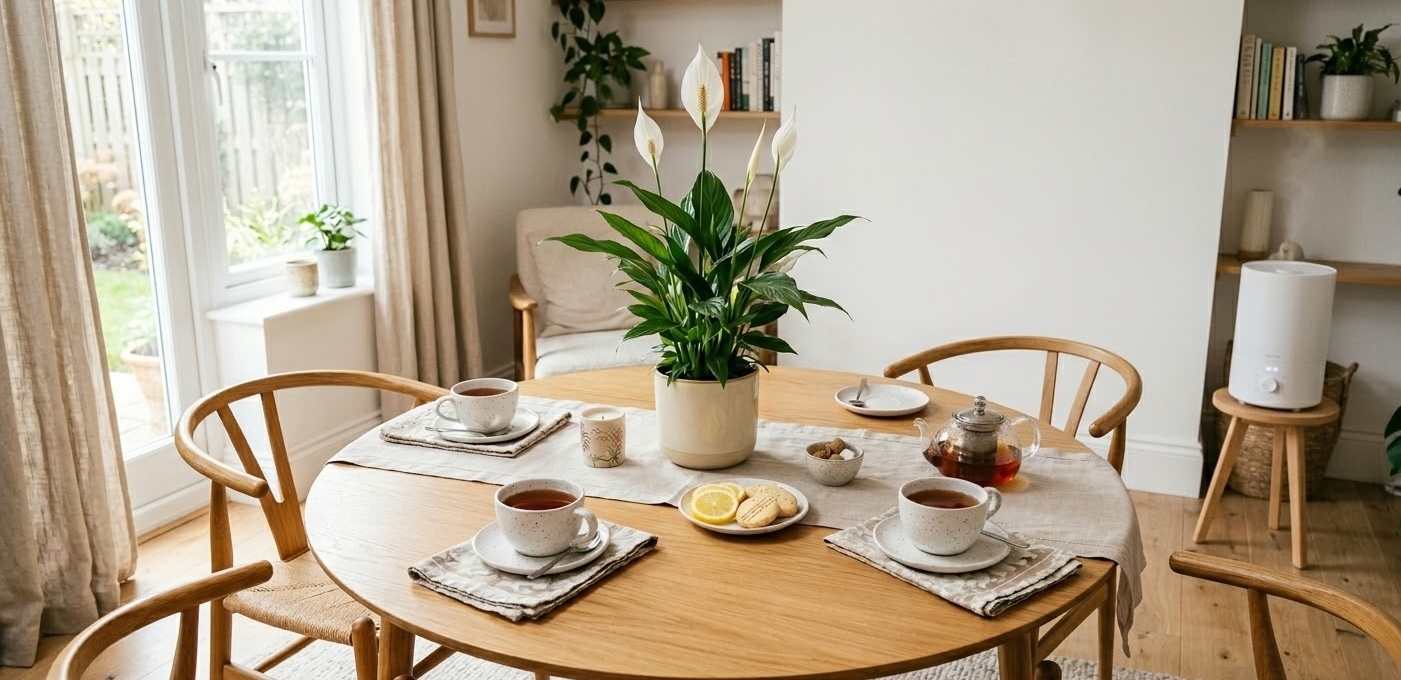 Peace lily as centerpiece on Scandinavian dining table with tea service with white humidifier visible on shelf in background