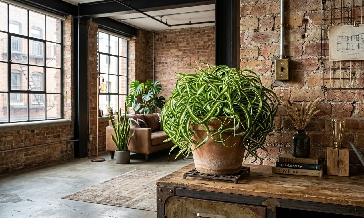 Bonnie curly spider plant in terracotta pot displayed on industrial vintage trunk in loft apartment with exposed brick walls