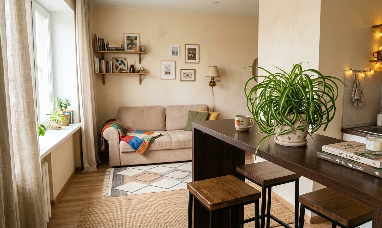 Small curly spider plant Bonnie in white pot on dark kitchen bar counter in cozy apartment