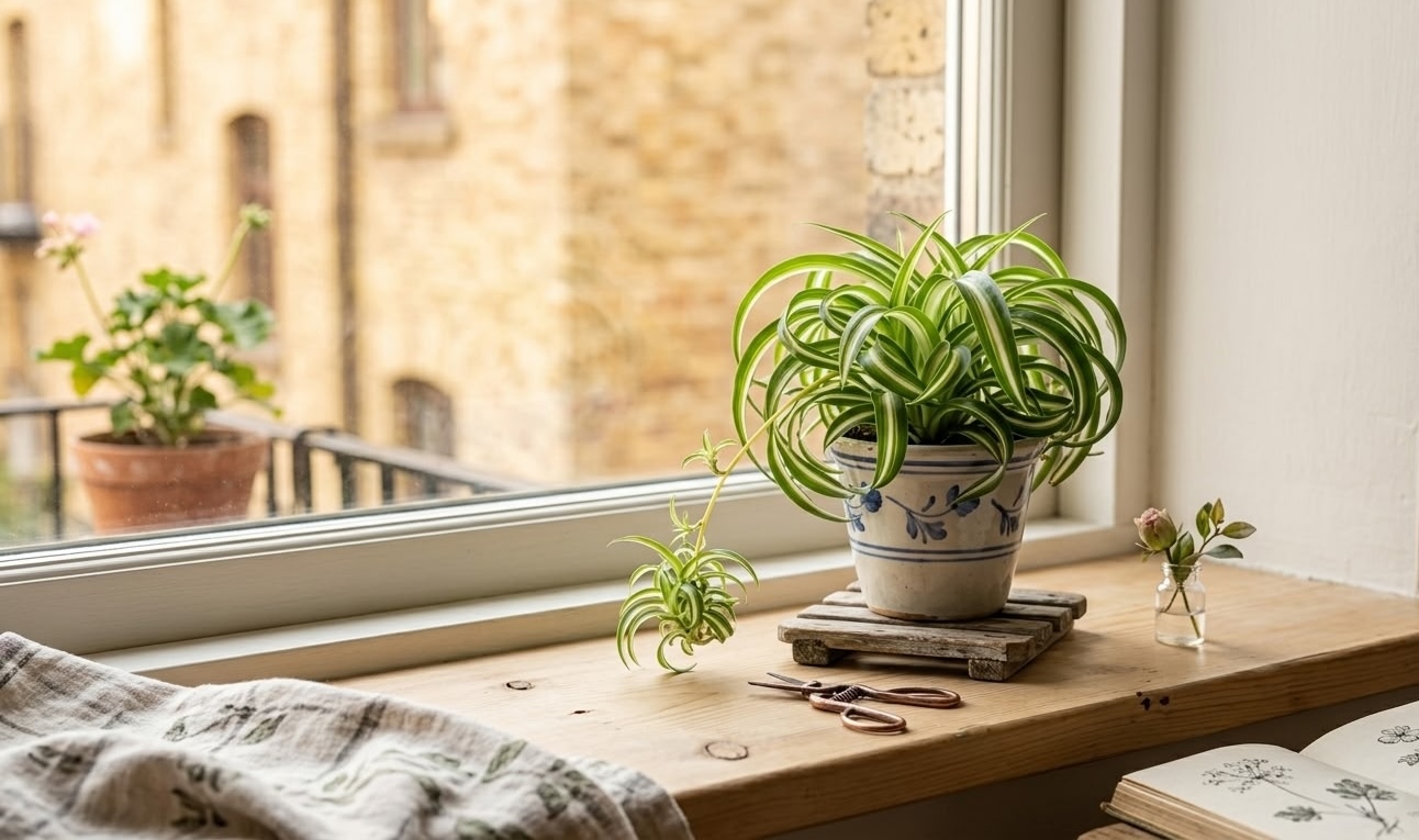 Young Bonnie curly spider plant in decorative ceramic pot on wooden windowsill with a dangling spiderette and pruning scissors nearby