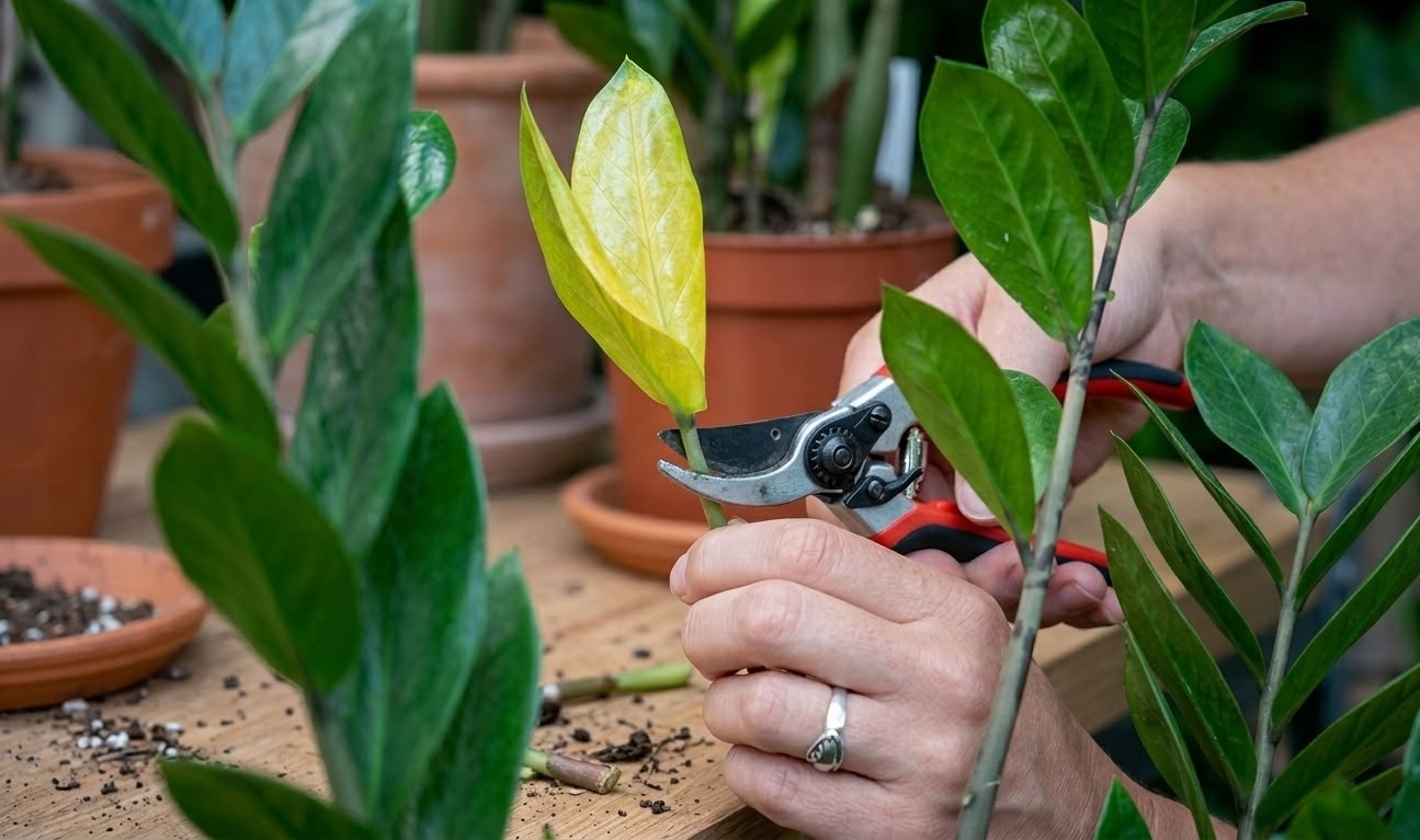 Hands using red pruning shears to cut a yellow ZZ plant leaf at the base of the stem
