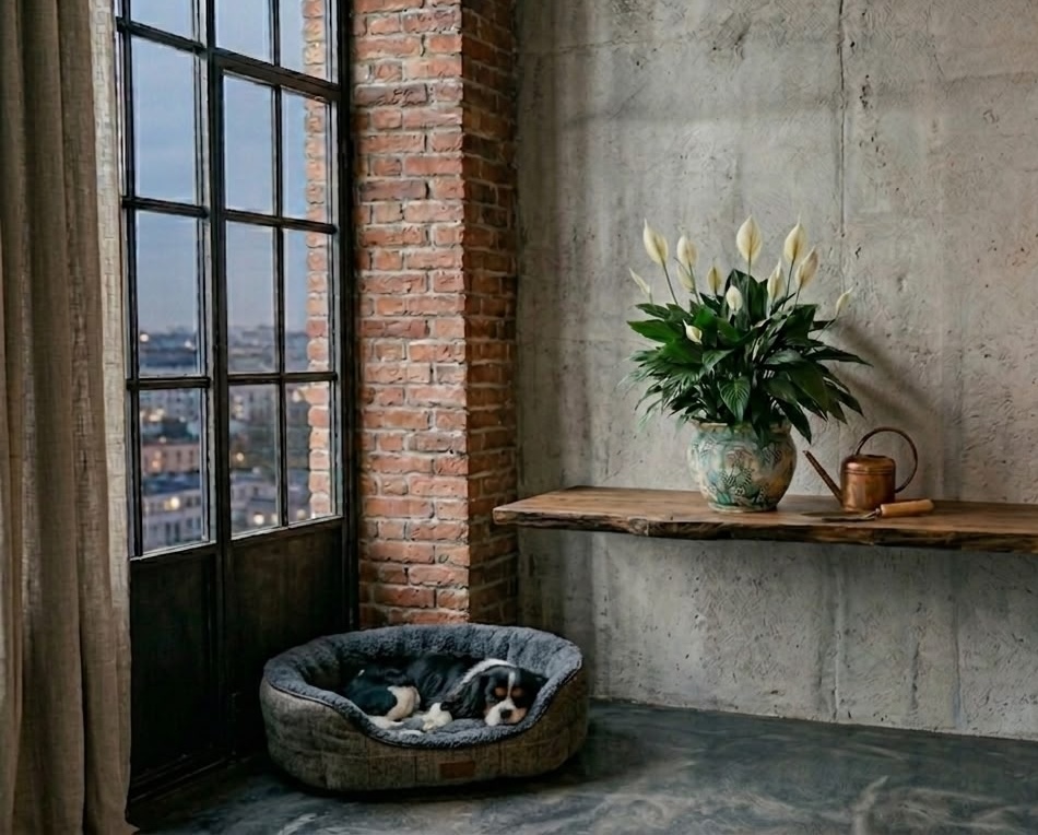 Cavalier King Charles Spaniel sleeping in grey dog bed below peace lily in decorative pot placed high on wooden shelf in industrial apartment