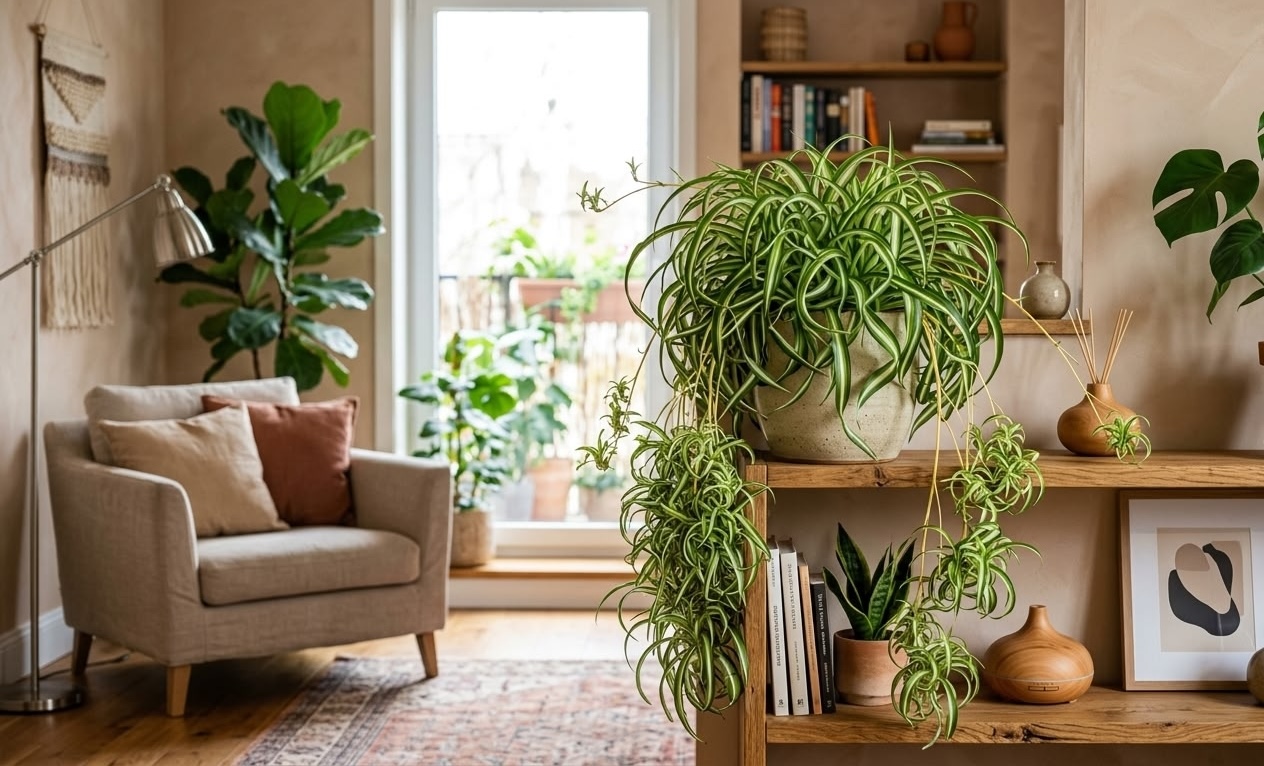 Mature Bonnie spider plant with long cascading spiderettes on wooden bookcase shelf in boho living room