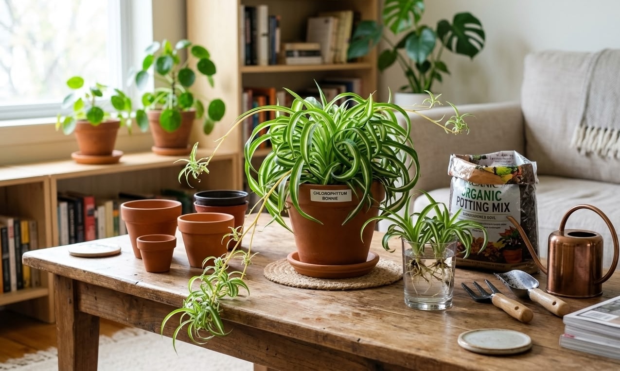 Chlorophytum Bonnie labeled in terracotta pot beside propagation supplies including spiderette in water glass, organic potting mix, clay pots and copper watering can