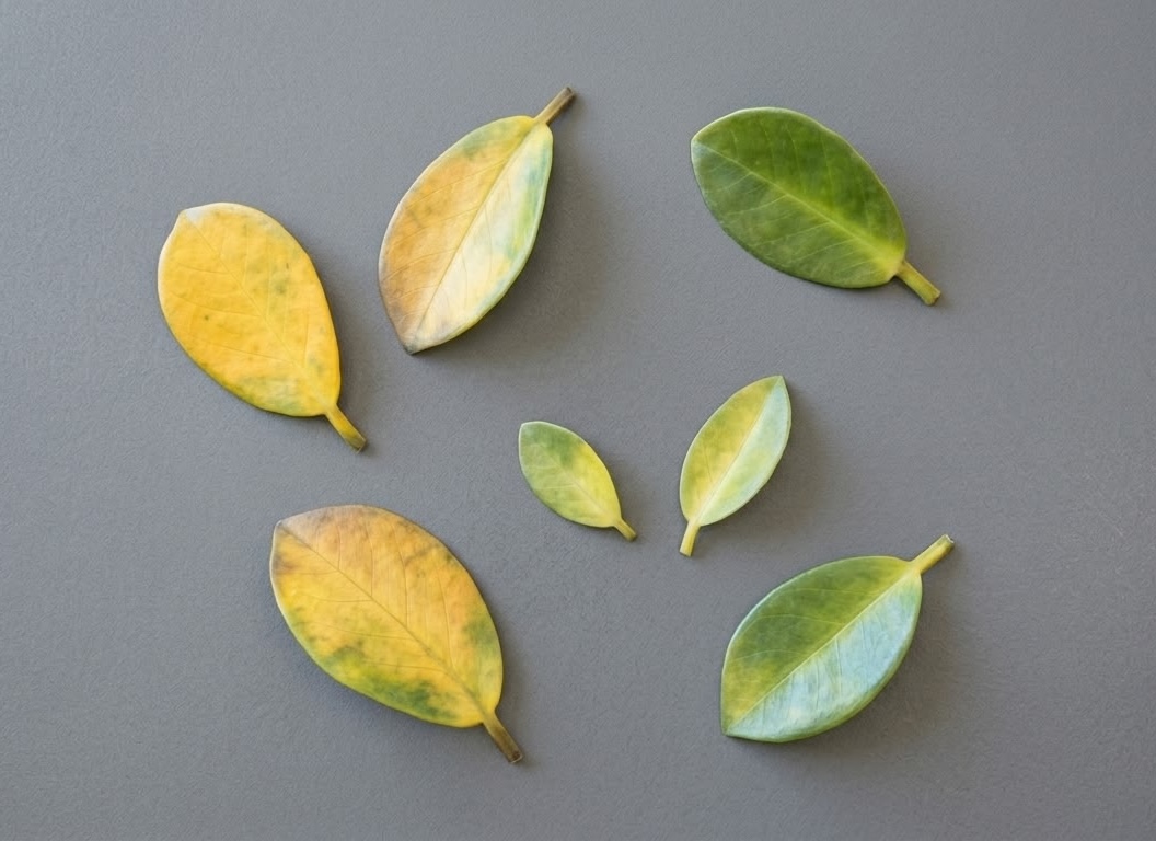 Multiple ZZ plant leaves arranged on grey background showing varying degrees of yellowing from healthy green to fully yellow
