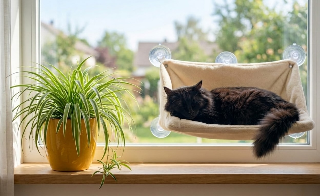Black fluffy cat sleeping in suction-cup window hammock next to spider plant in yellow pot on sunny windowsill