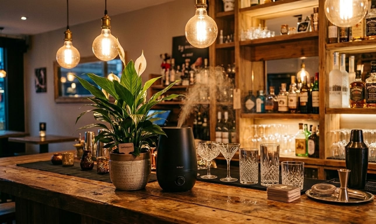 Peace lily in metallic pot next to black ultrasonic humidifier with mist on rustic bar counter with Edison lights and bottles
