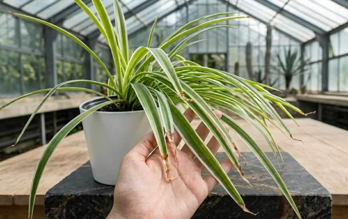 spider plant with visible brown tips on leaves being held in hand in a greenhouse setting