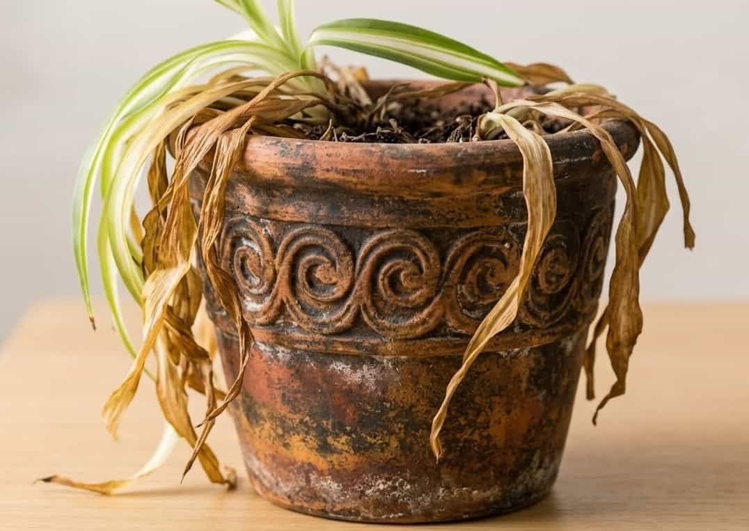 severely dying spider plant with most leaves brown and dried out in decorative terracotta pot on wooden surface