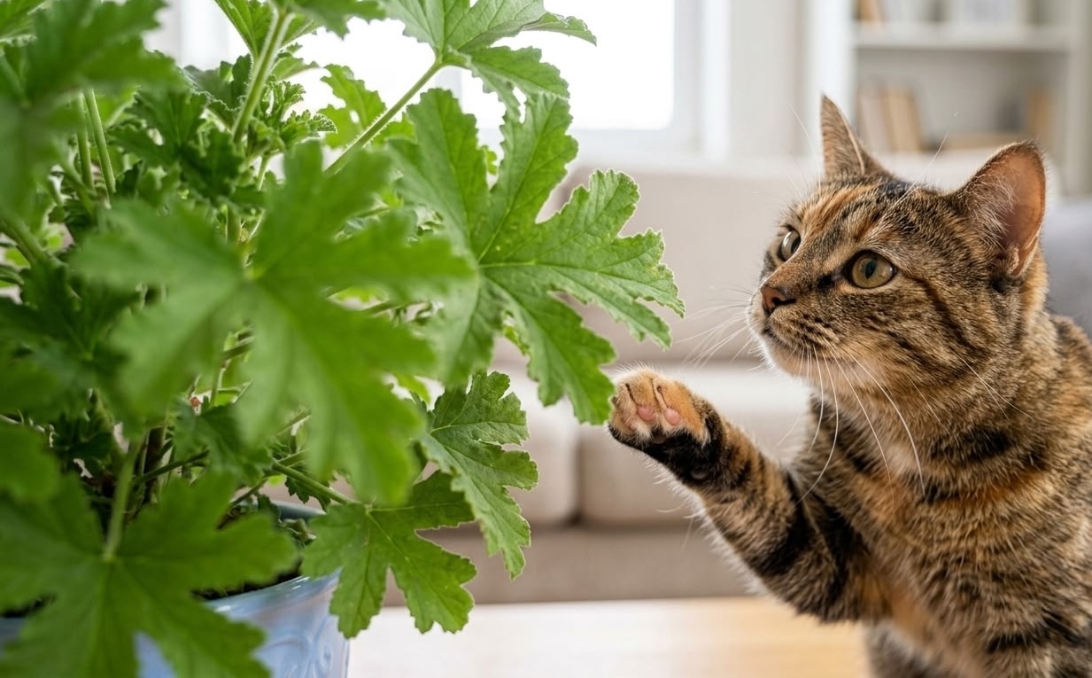 Tabby cat reaching a paw toward a citronella plant — citronella plant is toxic to cats