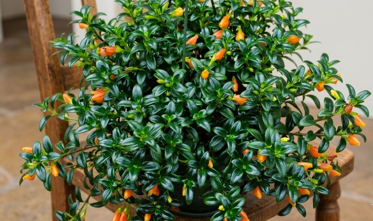 goldfish plant Nematanthus gregarius in a black pot on a rustic wooden chair