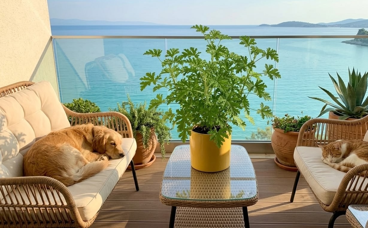Golden retriever and orange cat resting on patio furniture beside a citronella plant — keep pets away from citronella