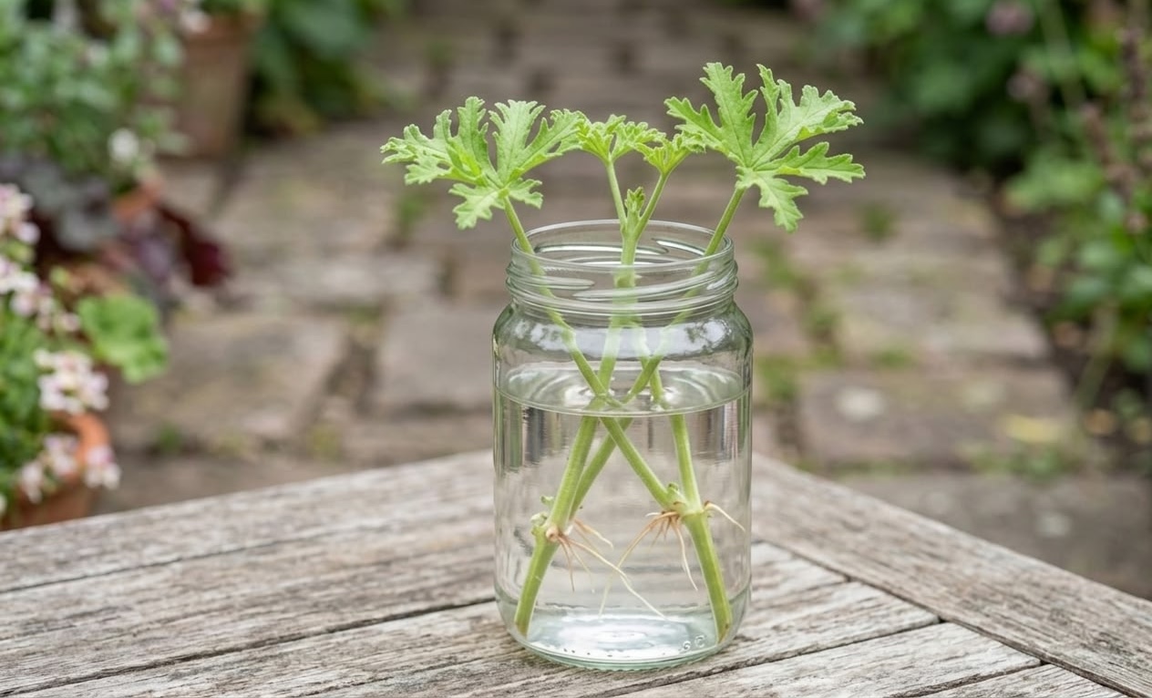 Three citronella plant cuttings with visible white roots propagating in a glass jar of water outdoors