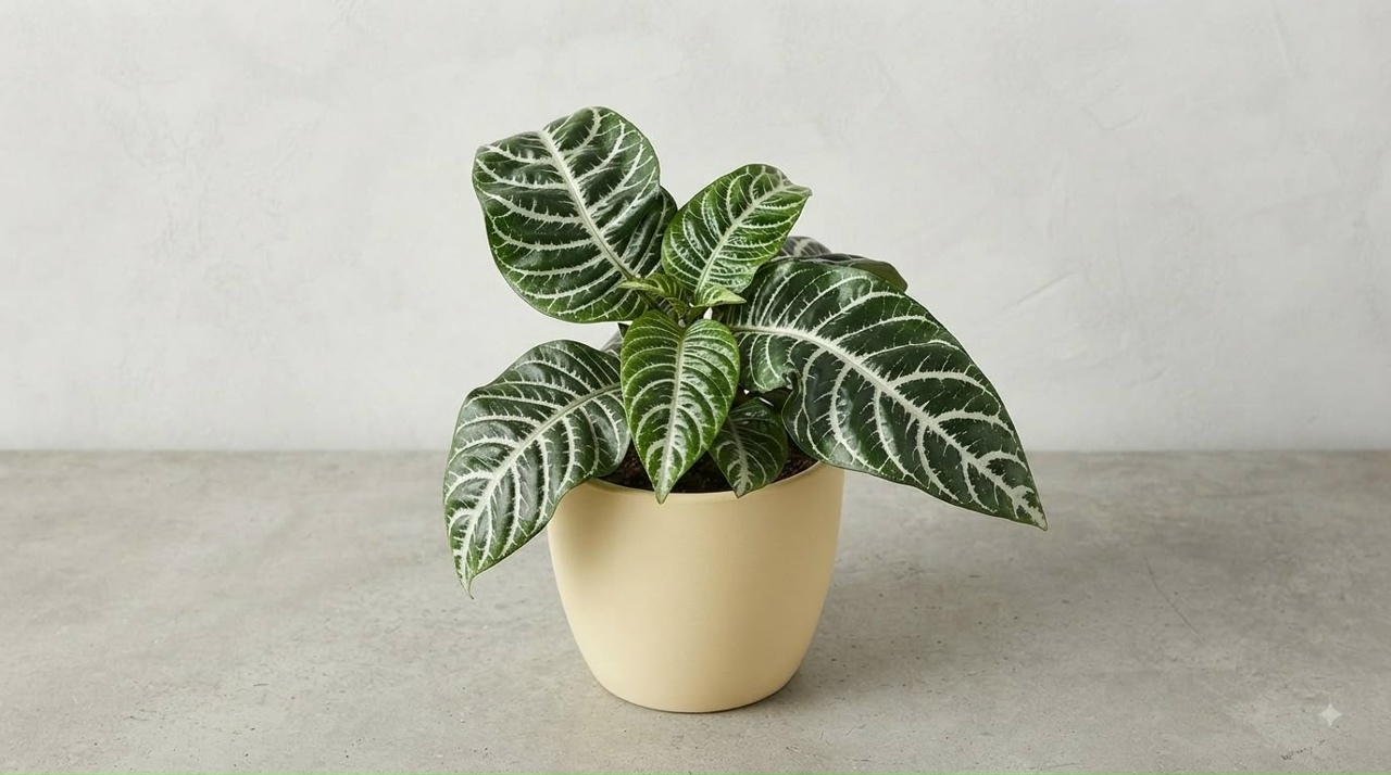 Aphelandra squarrosa zebra plant with bold white-veined leaves in a cream ceramic pot on a marble surface