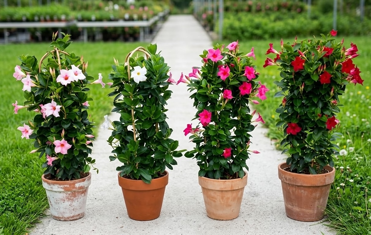 four dipladenia plants in pink white and red colors in terracotta pots at nursery