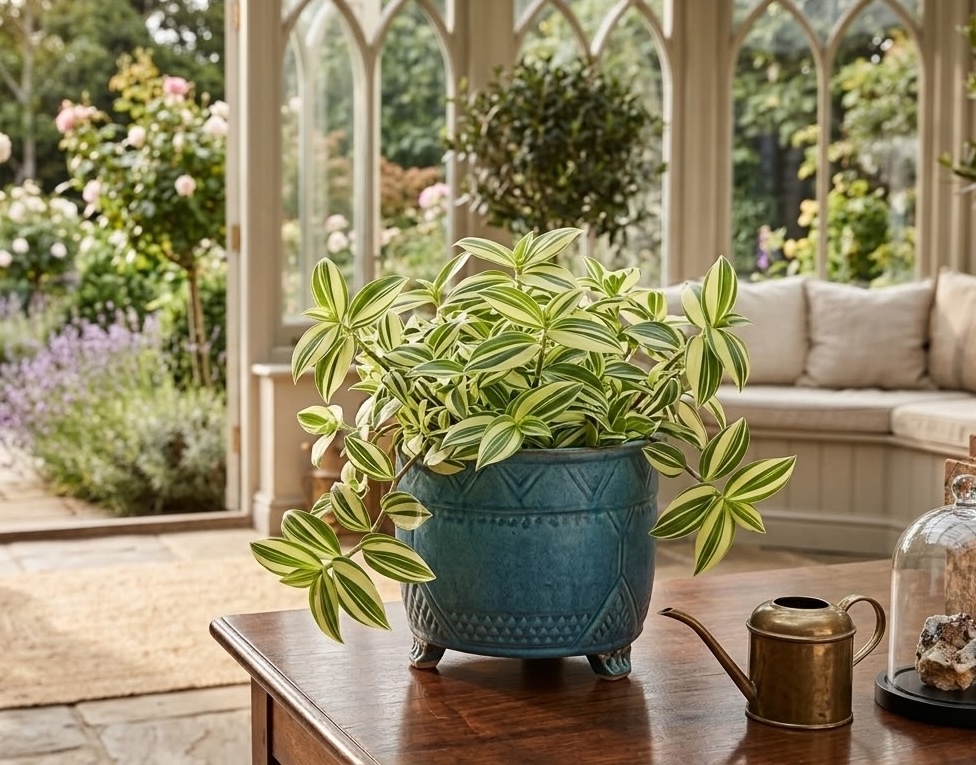 green and white variegated tradescantia zebrina wandering dude in teal ceramic pot in sunroom